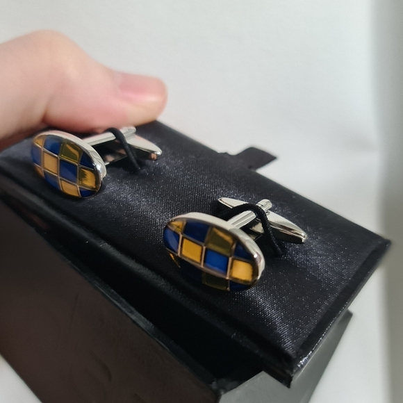 Blaq Mens Cuff Links Checked Cufflinks Silver Blue Yellow - Picture 7 of 7